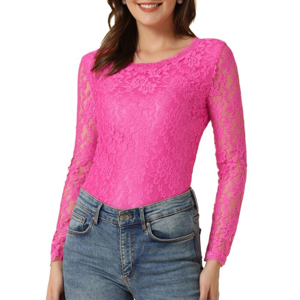 Sheer Long Sleeves Flower Embroidery Lace Top Hot Pink